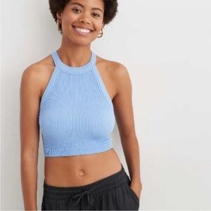 Aerie Blue Superchill Seamless Ribbed High Neck Bra Top M